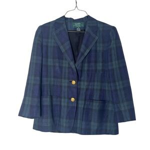 Lauren Ralph Lauren Navy Black Plaid 10P 100% Linen Blazer Gold Buttons